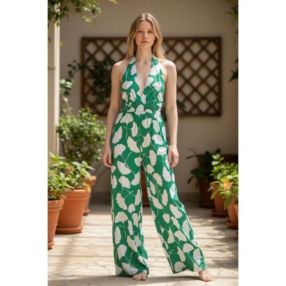 Diane von Furstenberg Halter Wide Leg Jumpsuit Green Print Womens S